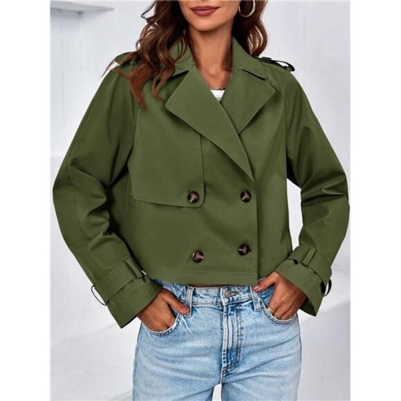 Womens Cropped Trench Coat Lapel Double Breasted Green - Picture 4 of 5